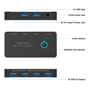 RSHTECH USBKVMスイッチセレクター4ポートUSB3.0スイッチャープリンター2台のPCが5台のデバイスを共有キーボードマウス用USBビデオスイッチ - Product Image 3
