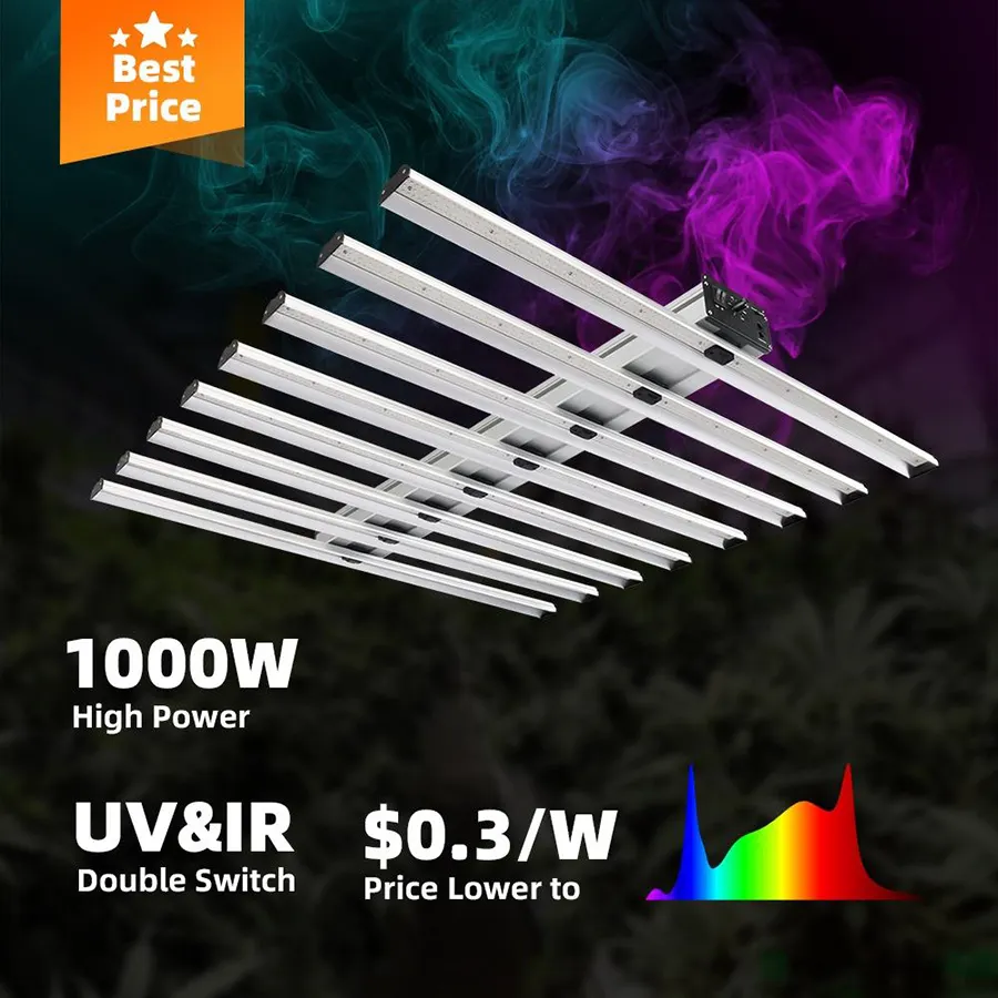 Barra de luz LED comercial regulável para horticultura e plantas de interior, interruptor UV IR de espectro ajustável de 1000 W, barra de luz LED de crescimento