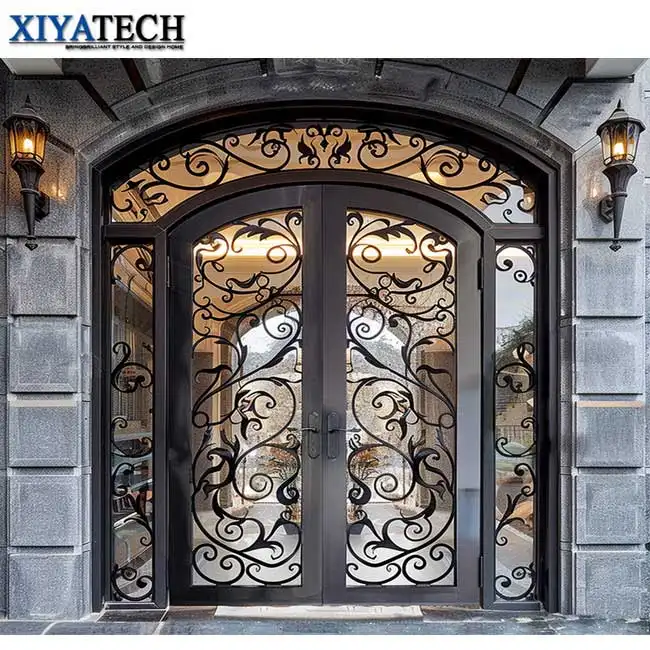 XIYATECH China supplier arched wrought iron double iron entry doors black steel doors for sale