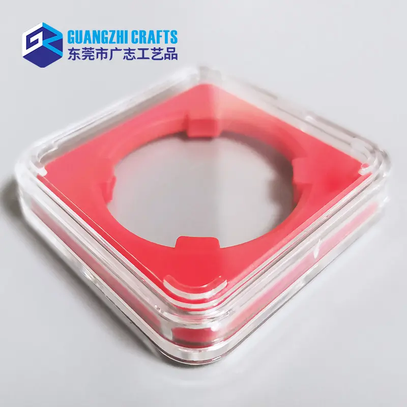 Boîtier de monnaie en plastique transparent mm, carré personnalisé, en acrylique, avec insertion rouge