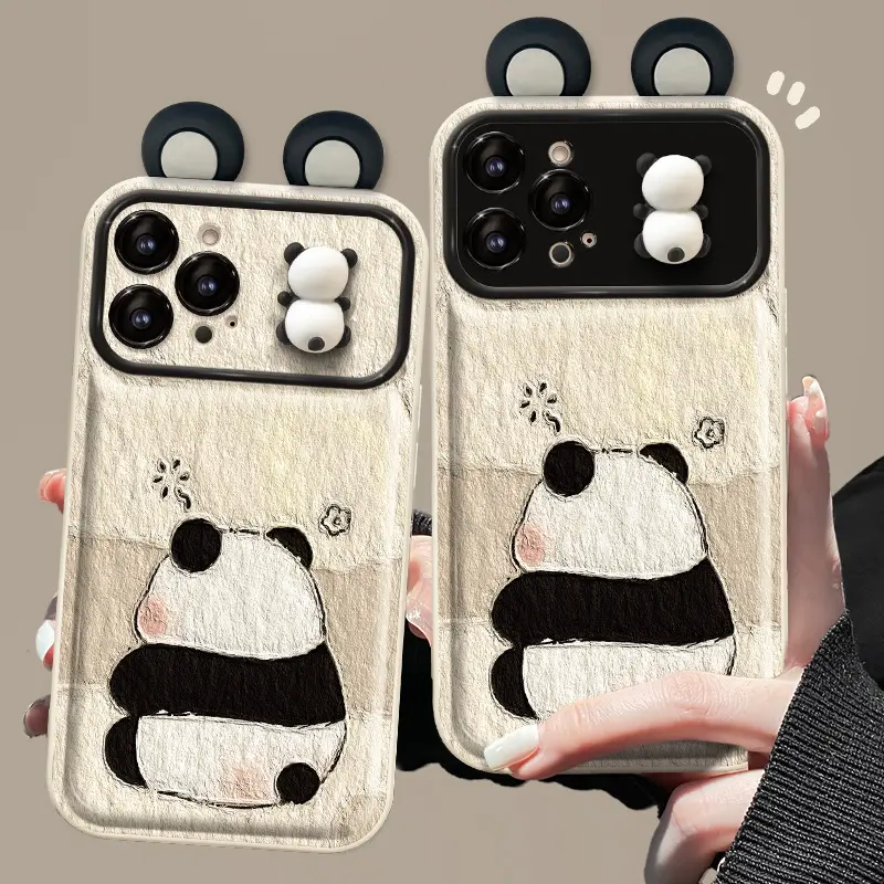 Casing ponsel TPU Iphone 6 7 8 X Xr Xs 11 12 13 14 15 Pro Max, casing ponsel desain telinga Panda dengan cermin lipat jendela besar kartun grosir