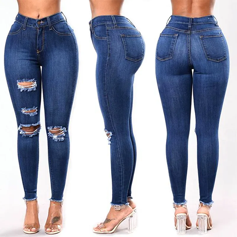 Pas cher Euro US colombien Style Mode Femmes jeans Super Maigre Taille Haute Plus La Taille Crayon Stretch Jeans Distressed Pantalon