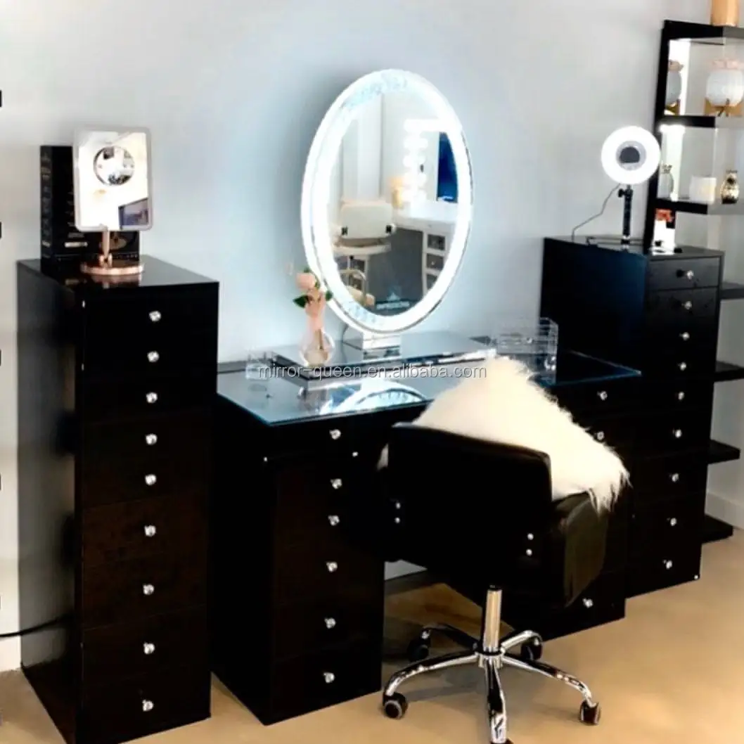 LED 거울 음악 스피커 살롱 아름다움 MDF 광택 있는 메이크업 테이블을 가진 일류 침실 점화된 드레서 허영 테이블