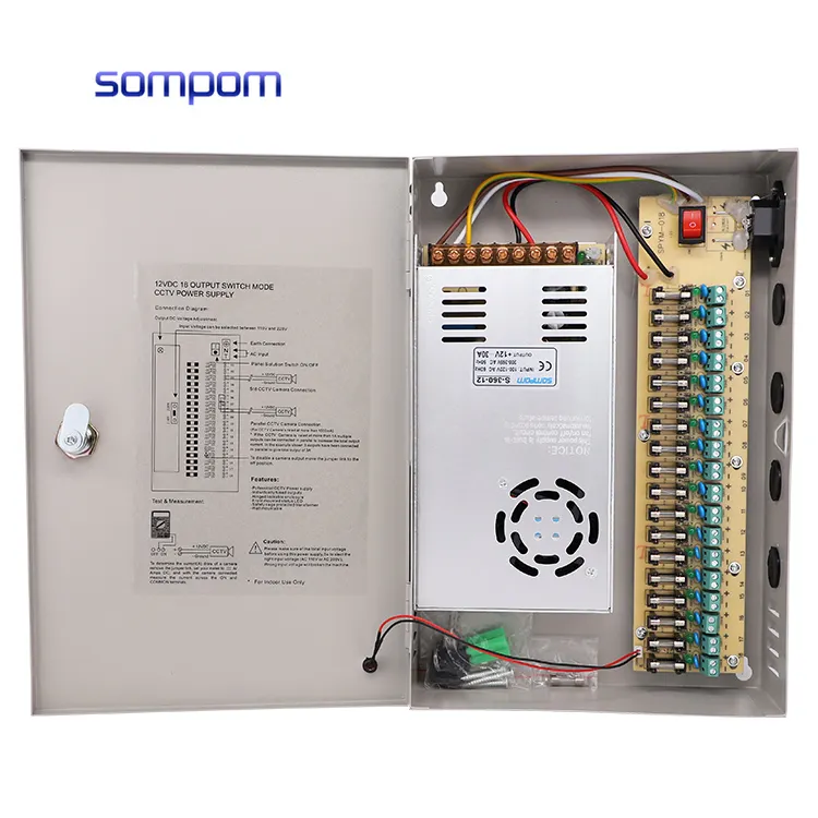 Kotak suplai daya CCTV SOMPOM, 100% Burn-in Test 12V 30A 18CH untuk Aksesori CCTV