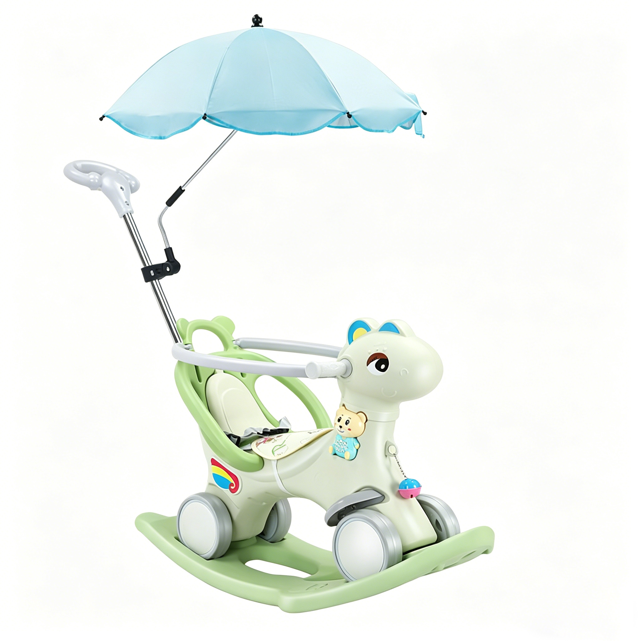 Cheval à bascule blanc laiteux 4 en 1 + parapluie