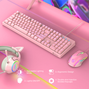 Onikuma-teclado y ratón para videojuegos G25 + Cw905, conjunto de teclado y ratón para ordenador con cable y retroiluminación LED, color rosa, 104 teclas - Product Image 2