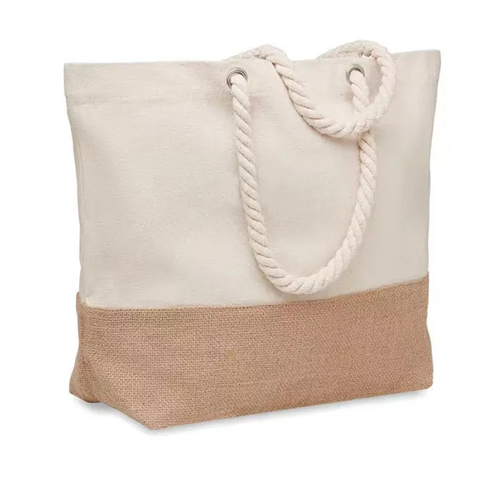 wholesale beach shopping tote bag in canvas with cord handle and jute detail