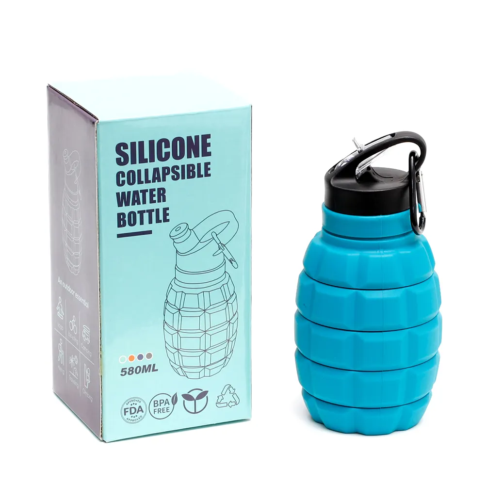 Individuelles Logo 580 ml Outdoor Sport Silikon-Wasserflasche Granatenform mit Carabiner und Kunststoffdeckel für Camping oder Geschenk