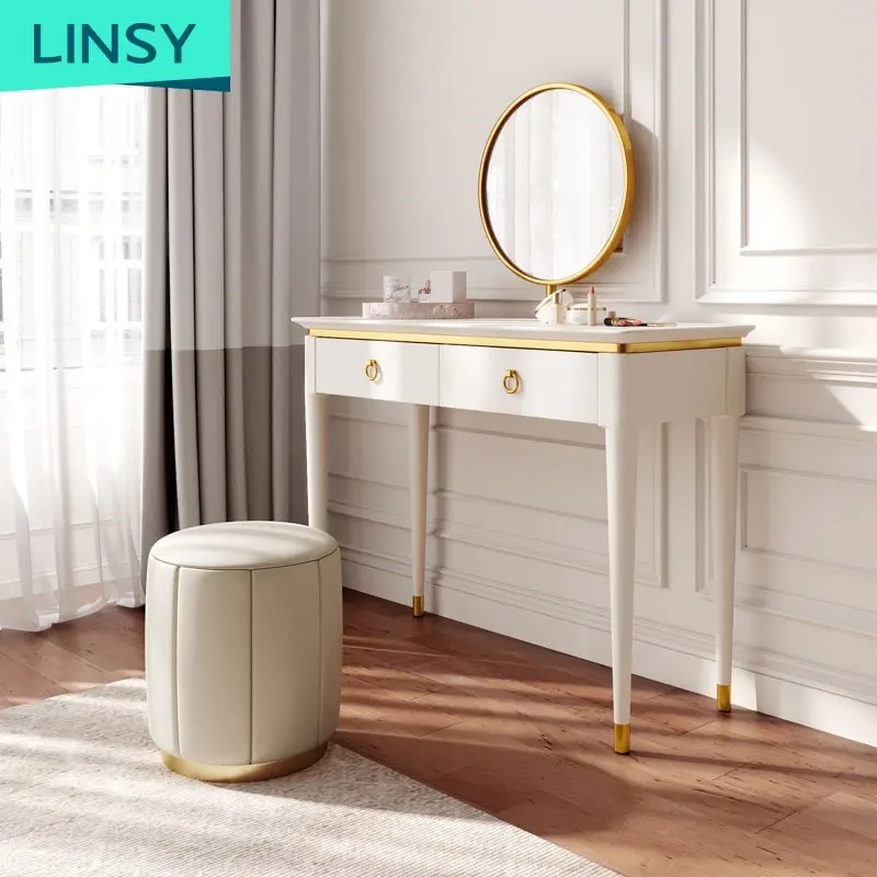Linsy Mini Simple Modern White Metal Gold Marble Make Up Vanity Table Set Dresser Cheap Dressing Table EK1C
