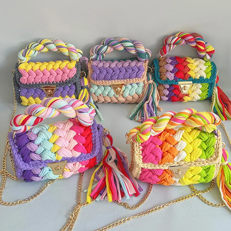 Cô Gái Tua Crochet Vai Túi Handwoven Crochet Túi T Áo Sơ Mi Sợi Túi Xách Tùy Chỉnh Tay Dệt Kim Crochet Túi Xách Tay