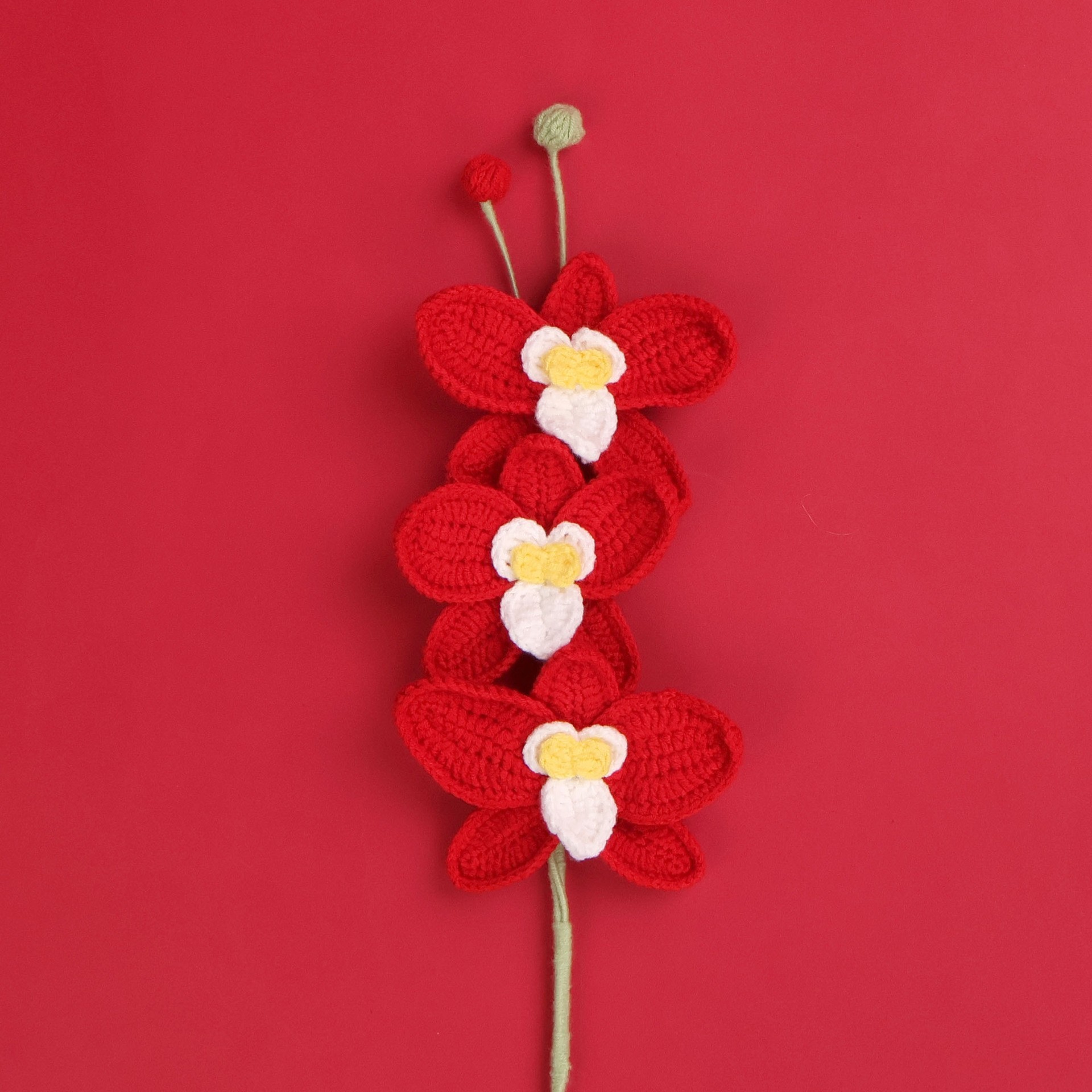 Tre rami di orchidea rossa con farfalle