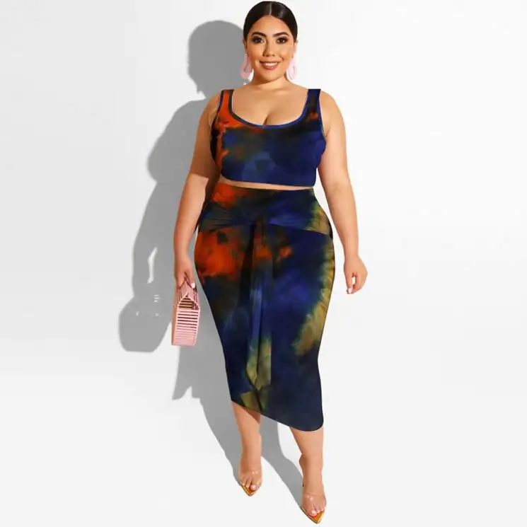 2022 New Arrival Tie Dye Sem Mangas 2 Conjunto De Duas Peças De Verão Obeso Casual Plus Size Vestuário