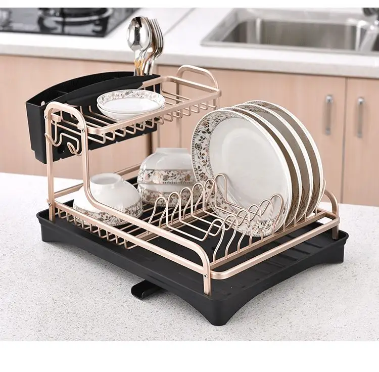 2-Tier Cozinha Placa Copo Prato Secagem Bandeja Escorredor De Prato De Talheres Matt Rose Gold Nunca Ferrugem Alumínio Prato Rack