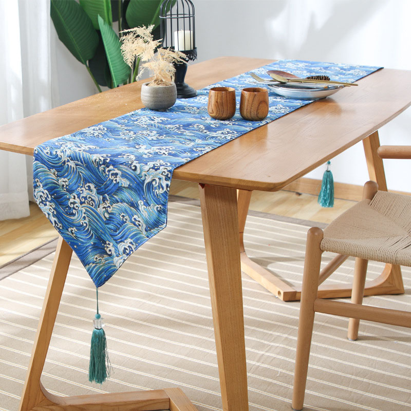 Chemin de table japonais Ukiyo-e Vague Bleue