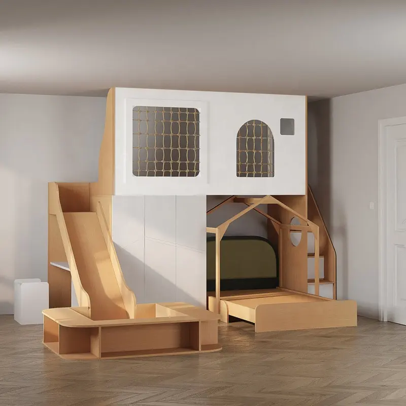 Litera de madera personalizada para niños, muebles de dormitorio con tobogán, Castillo de princesa rosa