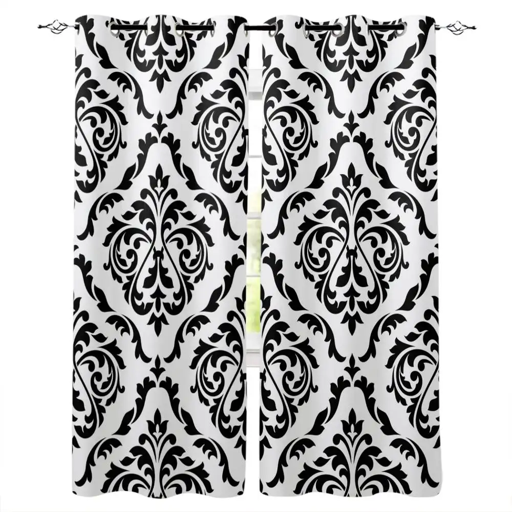 Weißgraue Vorhänge für Wohnzimmer 84 Zoll lange Damaszen-Drucktüren klassisches Blumenmuster-Fenster-Vorhangpaneel für Schlafzimmer