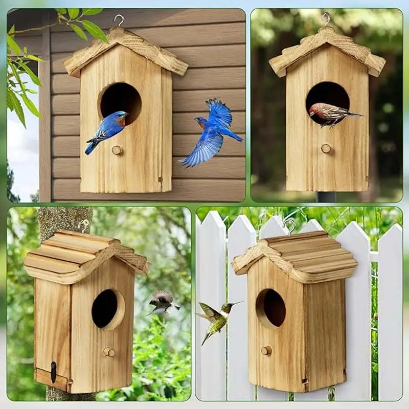 木製の巣箱ハチドリの巣ポール付き屋外ハンギングハチドリの家の外のための小さな鳥の家