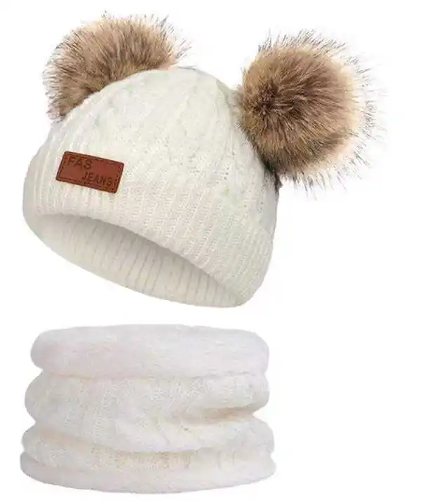 Bufanda de punto con pompón de color puro personalizado, conjunto de guantes para mantener el calor, gorro de invierno para niños