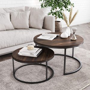 Yuvarlak Modern yuvalama kahve 2 parça Set, ahşap üst ve toz kaplanmış Metal çerçeve ile istiflenebilir oturma odası dekorasyon masa - Product Image 2