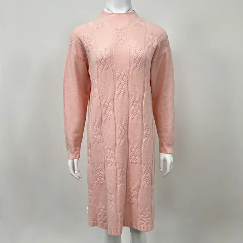 Suéter de cuello alto de talla grande para mujer, Vestido de punto informal con hombros caídos, jacquard, rosa, invierno, 2023