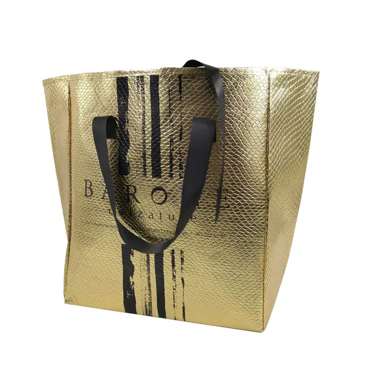 Eco personalizza logo borsa regalo in oro laminato metallico con motivo non tessuto croco con nastro
