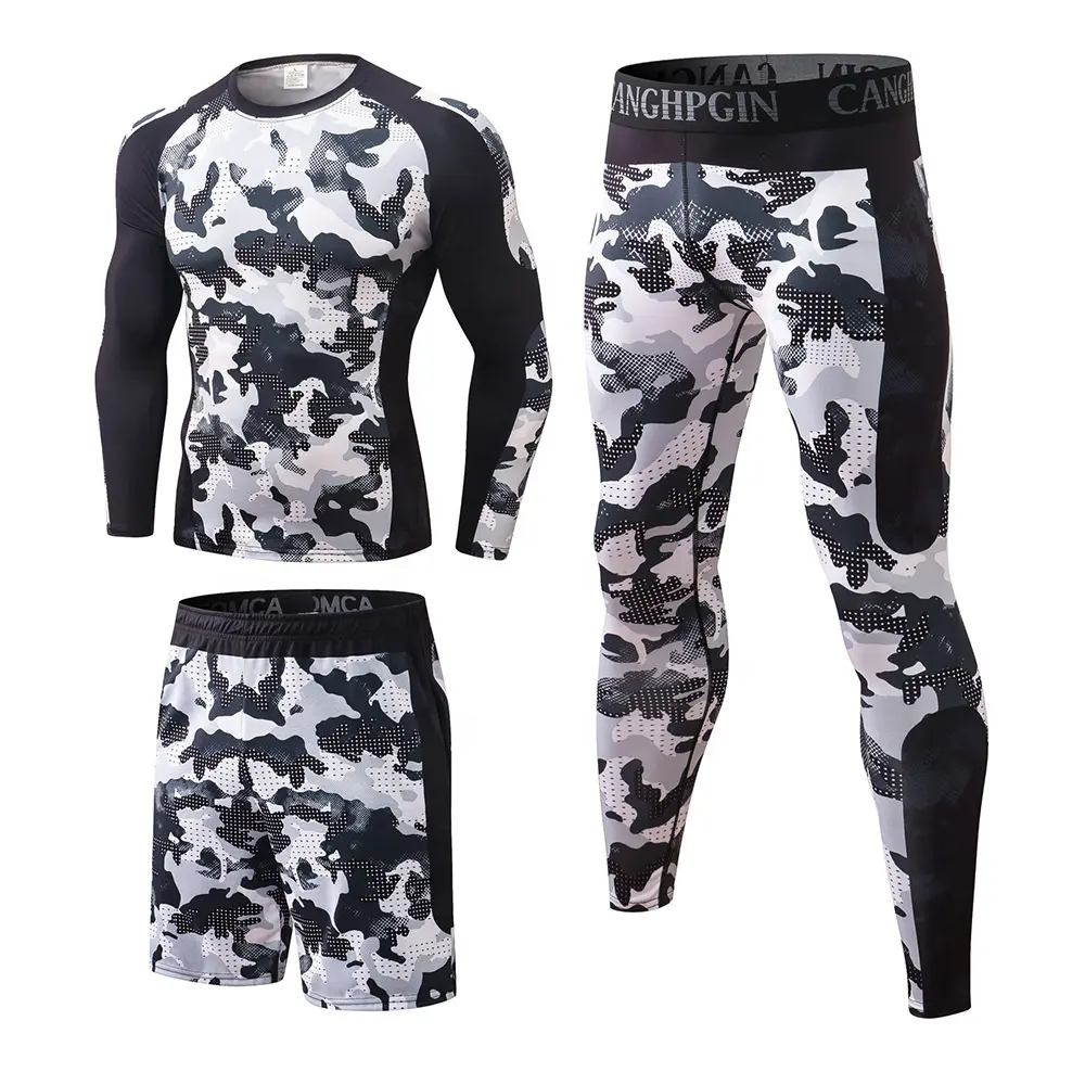 Male Compression Wear Dropshipping Polyester Printed Tracksuit Running Outfit 3 Pieces Sets Fitness Workout Men Gym Clothes