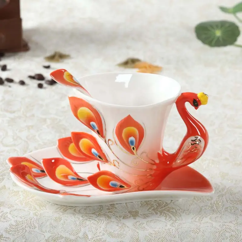 Factory Luxury Enamel Porcelain Classic Elegant Chinese Ceramic Peacock Feather Coffee Tea Cup And Saucer