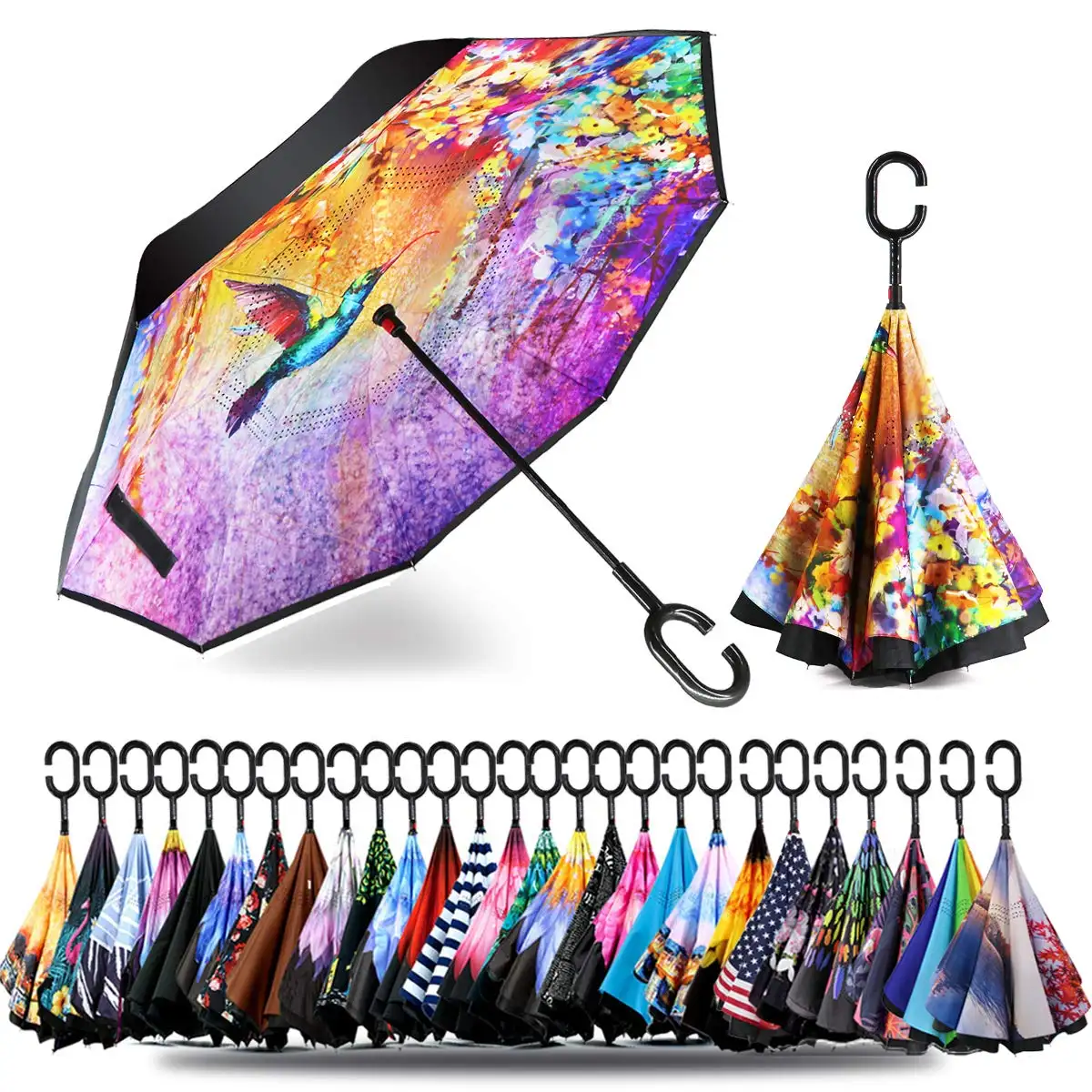 Padrão personalizado moderno Anti-UV impermeável Windproof Invertido Guarda-chuva inverso inverso com C-Shaped Handle guarda-chuvas