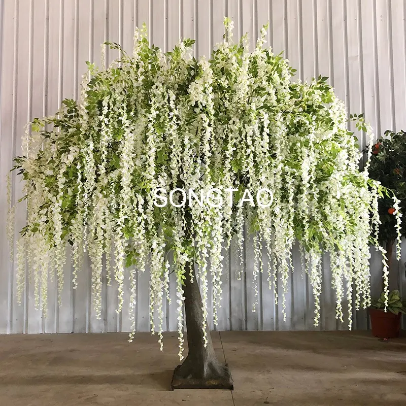 Songtao nuovo design seta artificiale piccolo fiore di glicine fiore bianco con foglie verdi per la decorazione di interni all'aperto