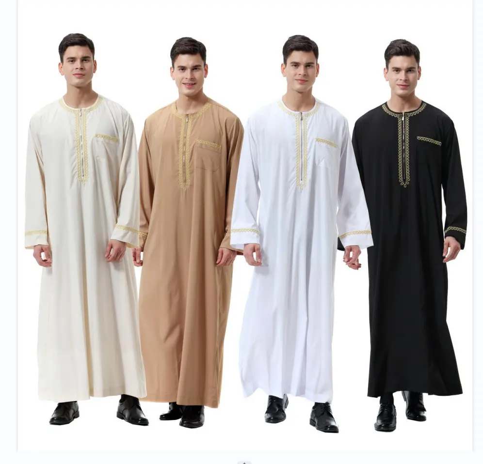 2024 jubah Muslim pria Timur Tengah Kaftan Dubai pakaian pria Islami Arab Tengah dicetak ritsleting leher bulat jubah doa Lebaran pakaian