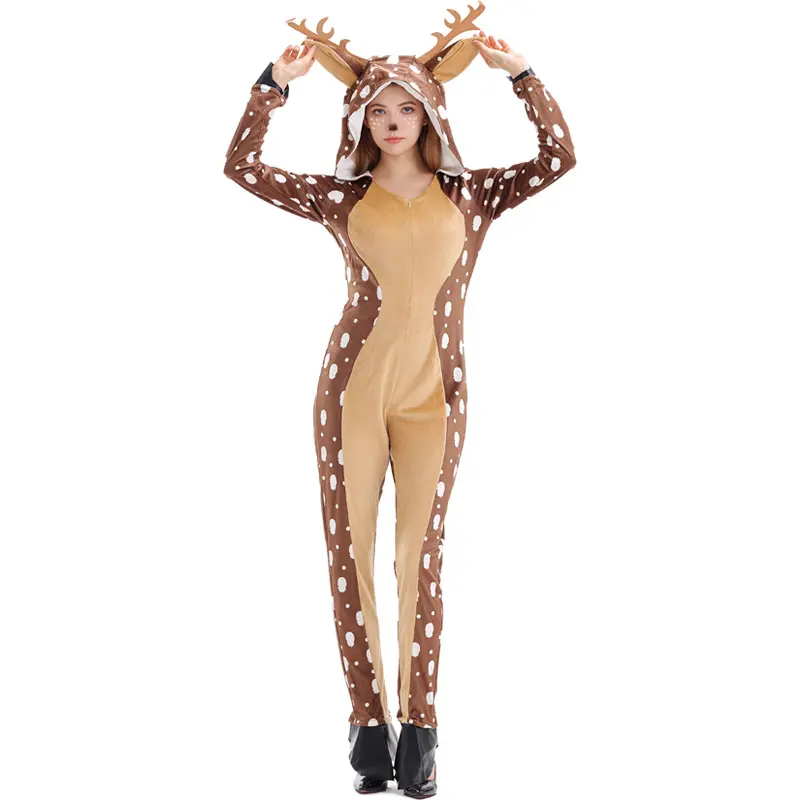 Venta al por mayor de Navidad Animal Deer Onesie personalizado Sexy adulto ropa de dormir franela mujeres Pijamas