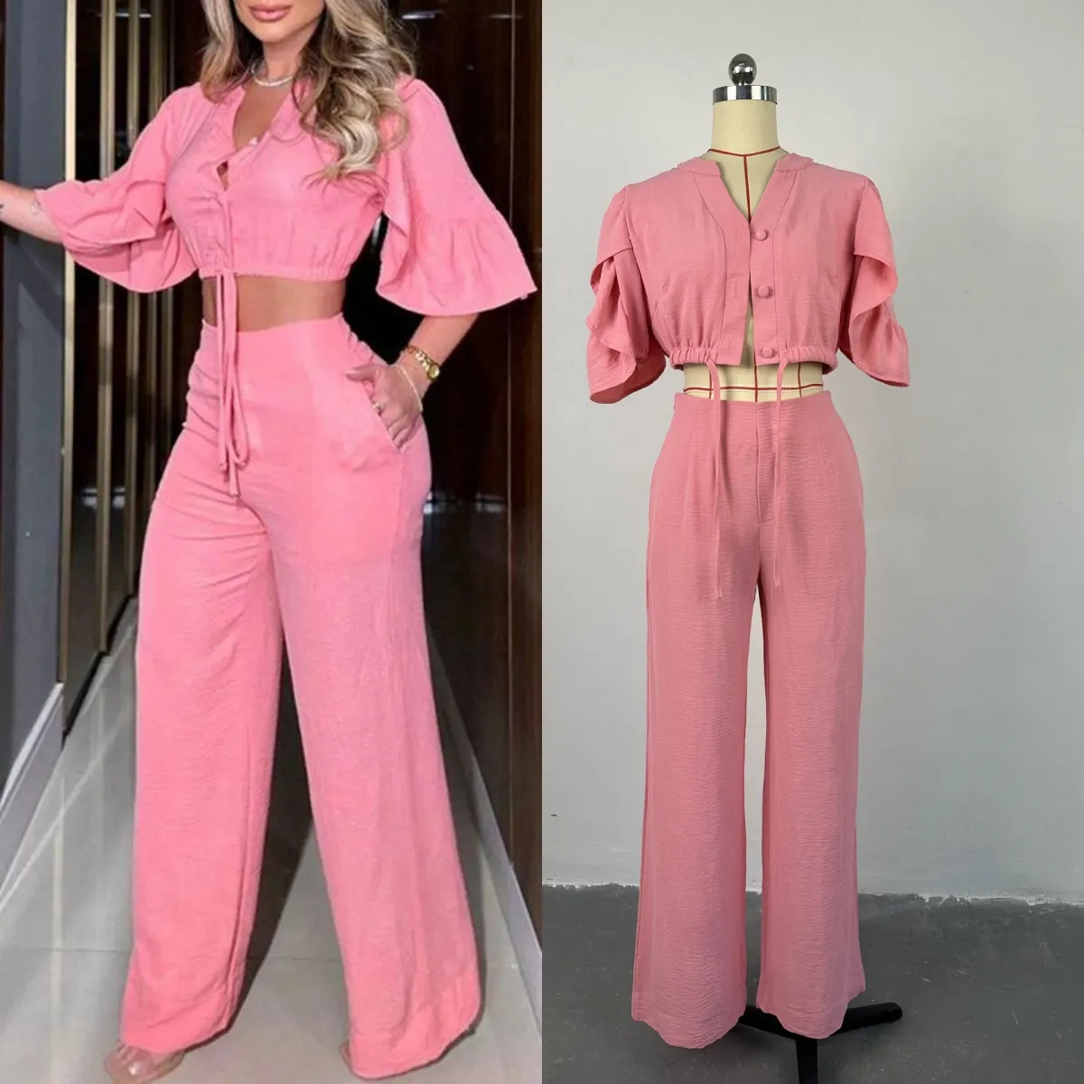 HK6851 moda Rosa linterna manga volantes cuello en V Crop Tops blusas y pantalones de pierna ancha Casual 2 piezas conjunto ropa de mujer