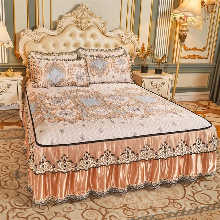 QUNZHEN set gonna letto federe di lusso lenzuola 4 pezzi Set letto rosa set biancheria da letto