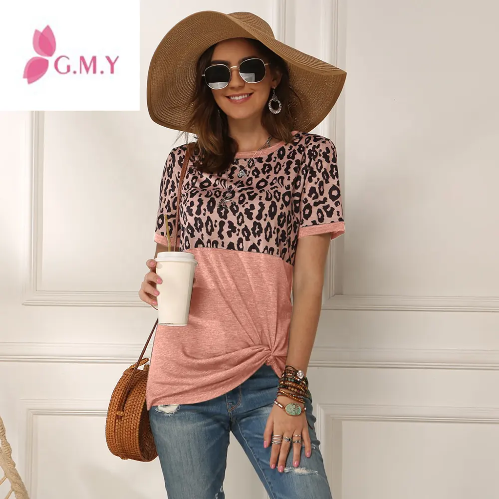 Camiseta informal de verano con estampado de leopardo para mujer, retales de colores, 2021