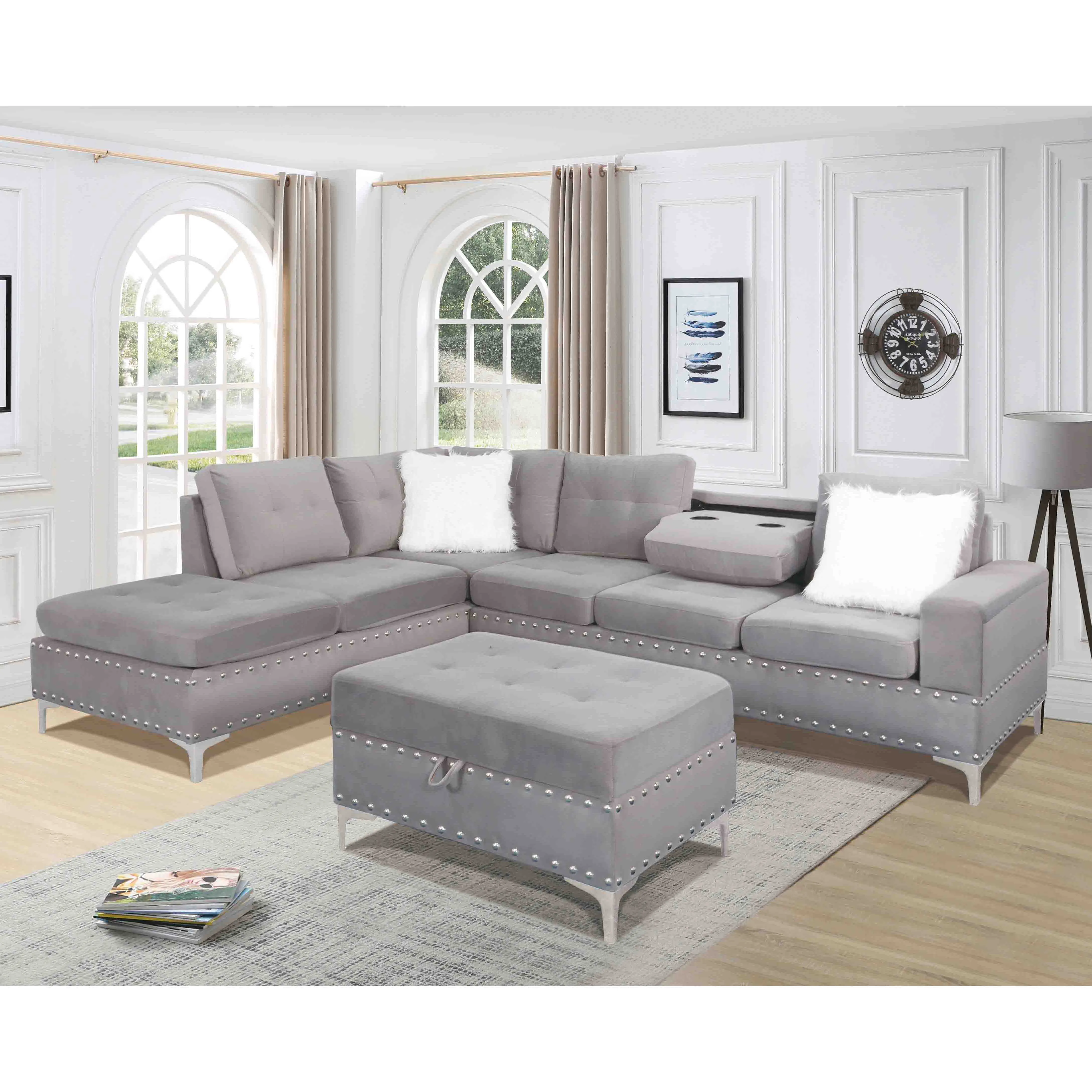 Divano componibile moderno di lusso leggero mobili da soggiorno divano Chesterfield 3 pezzi in ecopelle grigia nera per la casa o l'hotel