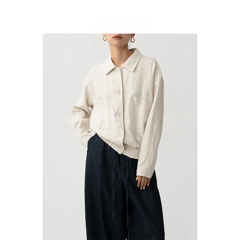 Camisa de diseñador para mujer, abrigo de lino con cuello POLO, nueva camisa corta japonesa transpirable para mujer