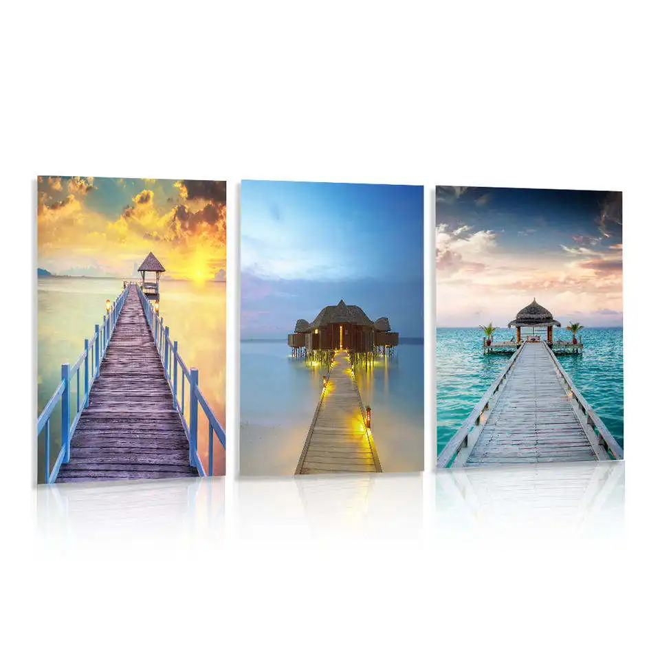 Living Room Decor Imagem personalizada Ponte Ocean Sunset Seascape Wall Art Print 3 Painéis Canvas Painting