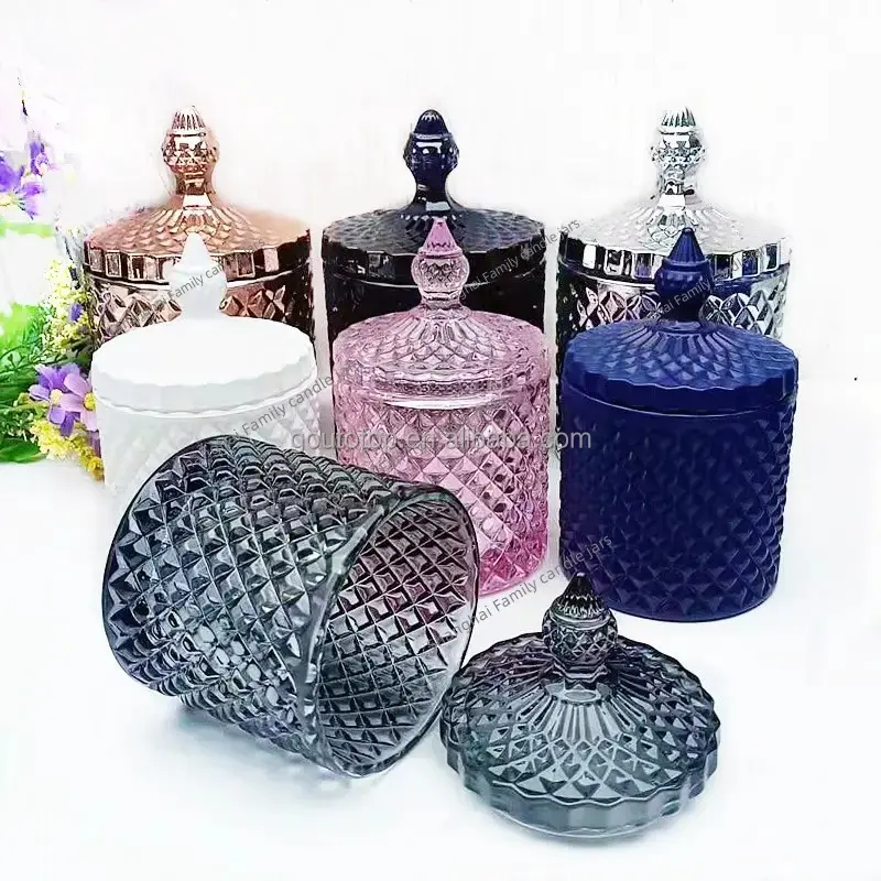 Jarra de vidro de cristal de diamante, venda quente, decorativa, pote de doces, jarra de vela vazia de luxo com tampa e caixa de embalagem