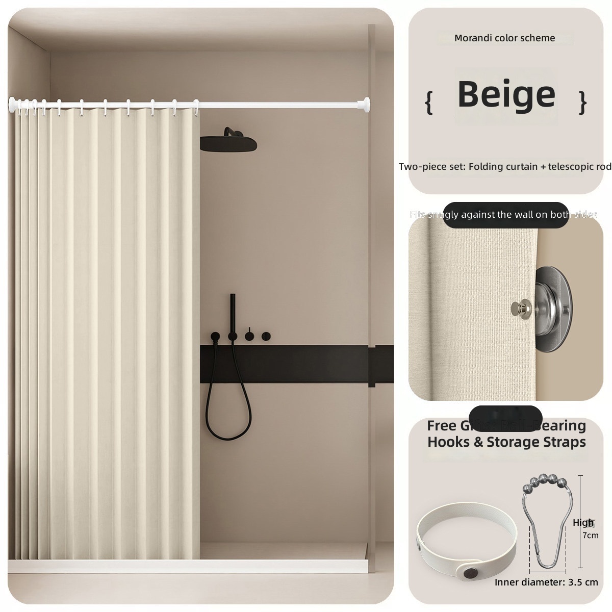 Rideau de douche pliant - Beige (avec tringle de tension incluse)