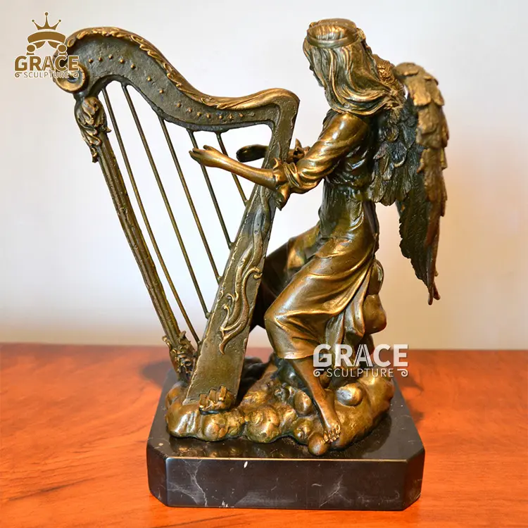 Estatua de bronce para mujer, escultura de Ángel, instrumentos musicales de juego