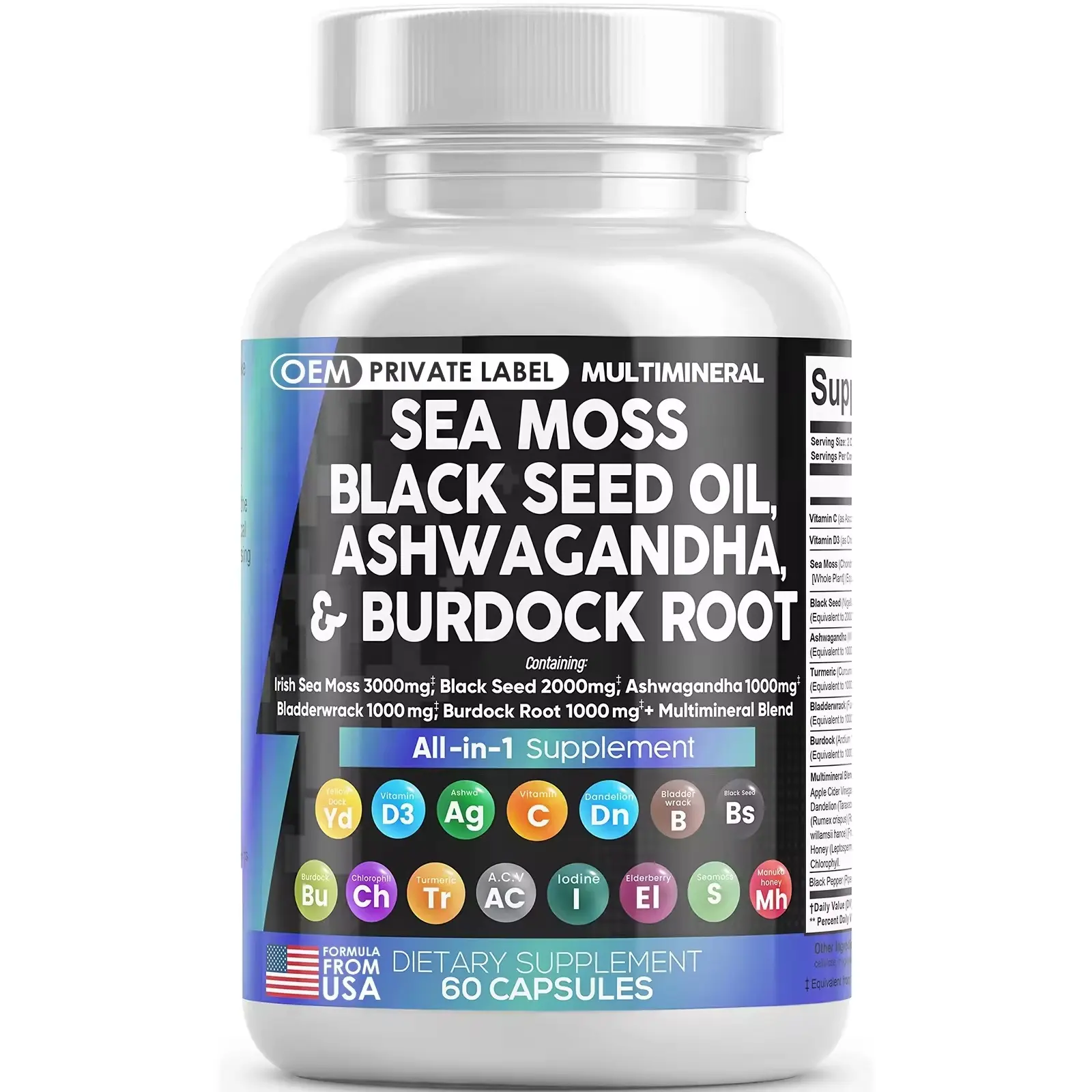 Deisgin Private Label capsule di muschio di mare 3000 mg di olio di semi neri Natrual Ashwagandha Burdock pillola di muschio di mare