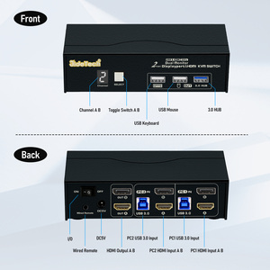 JideTech 2计算机2监视器USB3.0 (HDMI + DP) KVM交换机4K @ 60Hz，带数字显示的2端口双监视器KVM，电缆