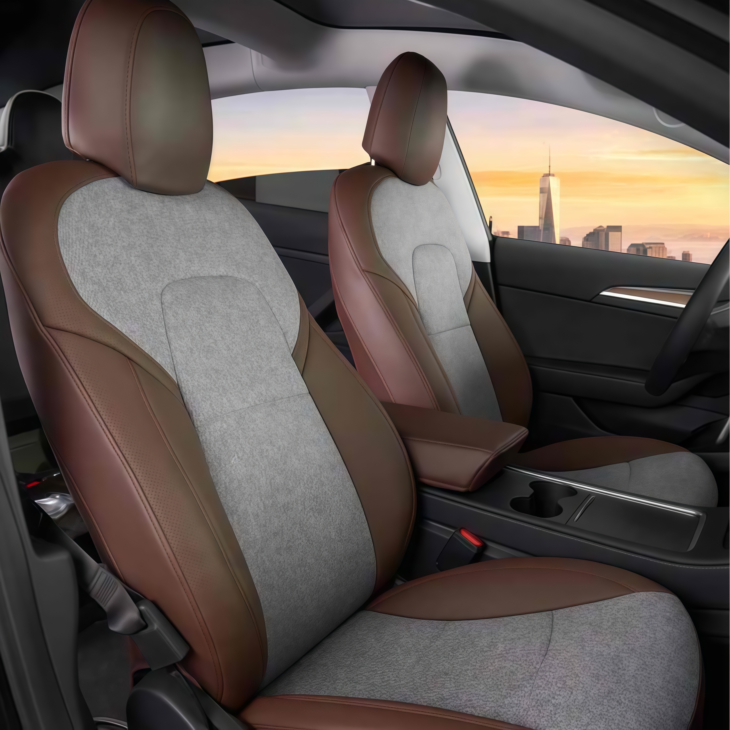 ผ้าสีเทา+หนังสีน้ำตาล