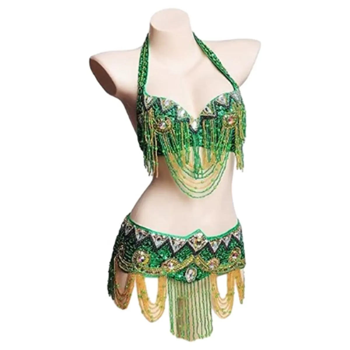 Bestdance Traje de danza del vientre Conjunto Sujetador Cinturón superior Bufanda de cadera Conjuntos de vestidos de Bollywood Traje de danza árabe indio