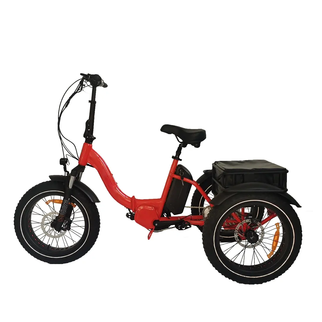 Triciclo eléctrico de tracción media de 20 pulgadas, 3 ruedas con cesta trasera, neumático ancho, bicicleta de montaña eléctrica de tres ruedas