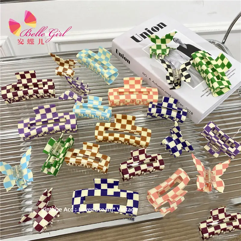 BELLEWORLD 2022 Bộ Sưu Tập Mới Hairgrips Lớn Claw Clip Checker Đen Và Trắng Kẹp Tóc Acetate Phụ Nữ Tóc Claws