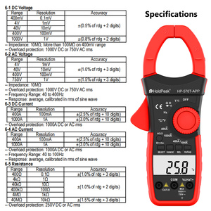 Multímetro de abrazadera digital HoldPeak 570T-APP AC/DC de rango automático de 4000 dígitos con función de aplicación y medición de resistencia - Product Image 6
