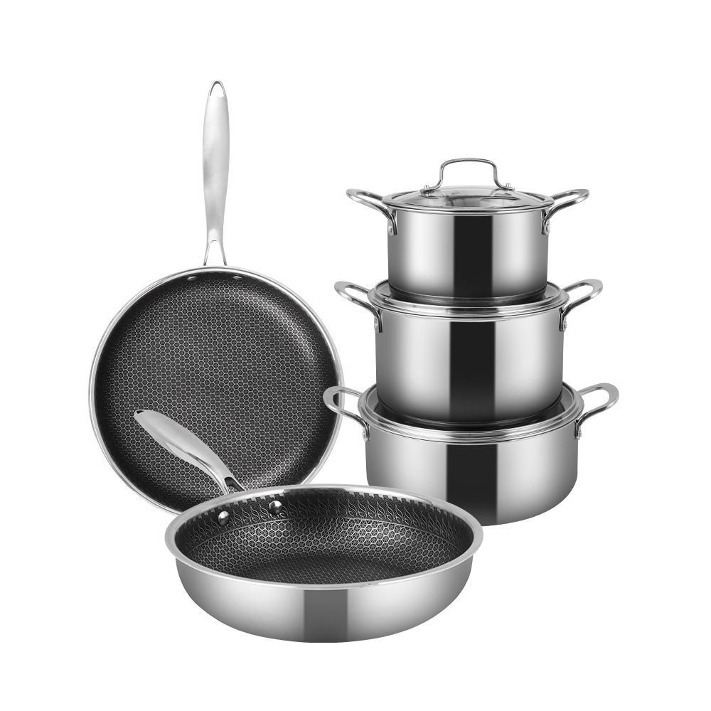 Ensemble argenté 8 pièces : poêle 20+24cm, casserole 20+24+28cm avec couvercle