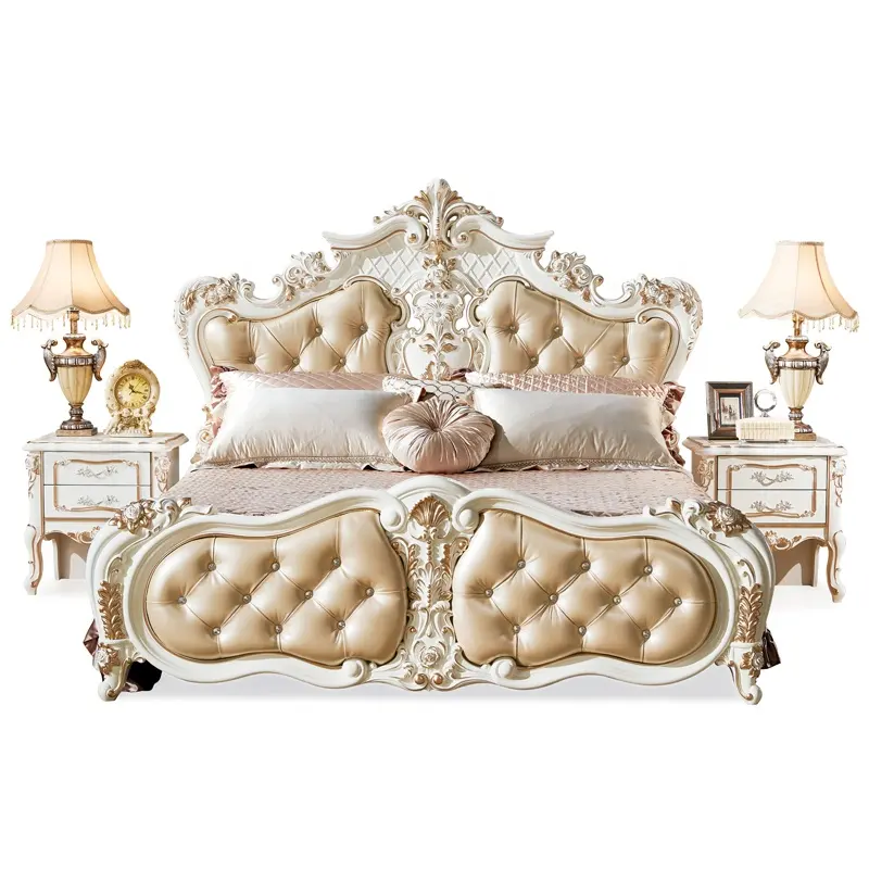 Juegos de dormitorio de estilo francés para hotel, muebles de diseño clásico, cama king size de california, cama de cuero tapizado tallado de madera de lujo