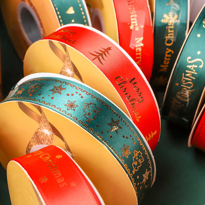 Wholesale of Spot Christmas Flowers/cakes/Christmas Tree Decorations with Polyester Strap Hot Stamping Green Ribbon